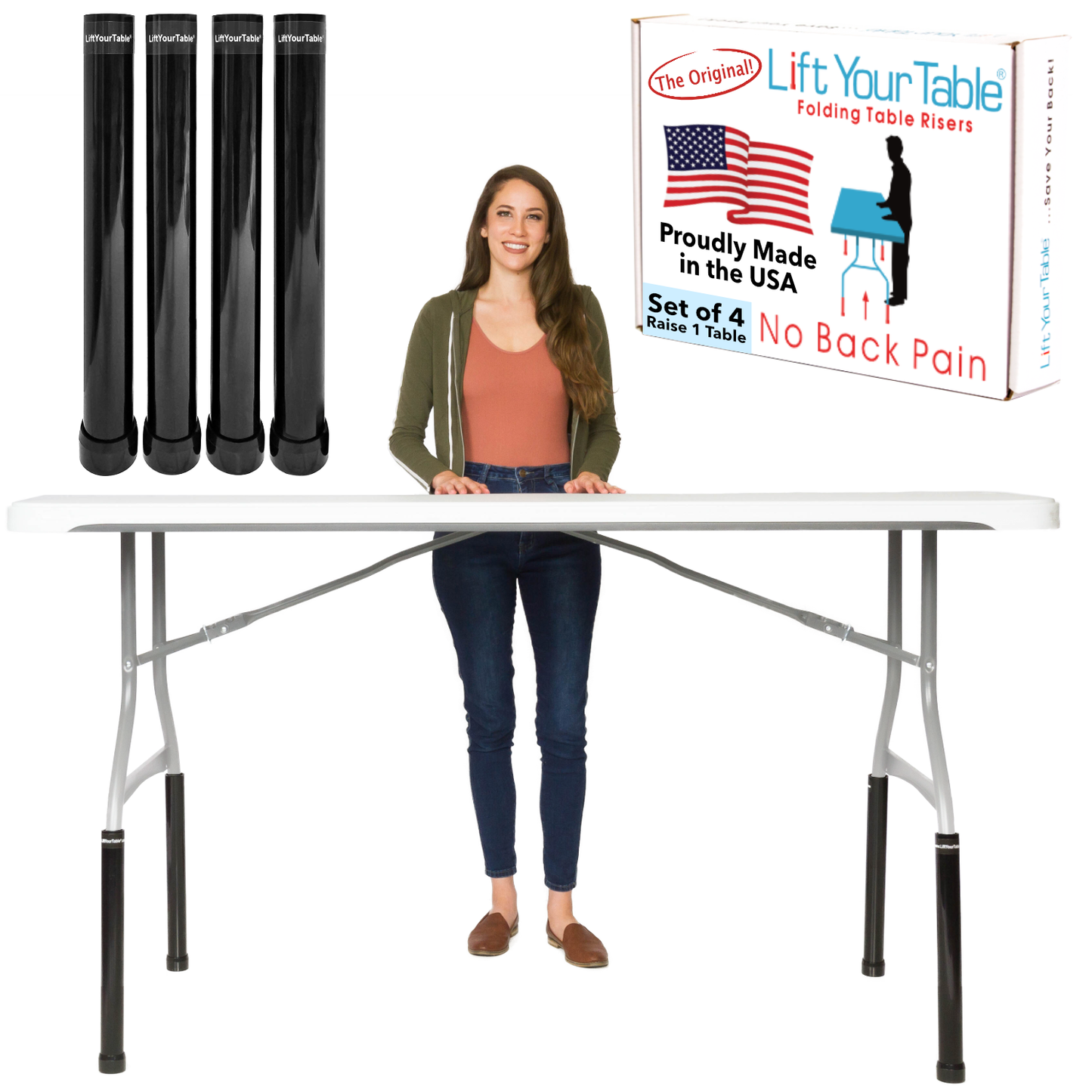 Bar Height (Original Foot) Lift Your Table® folding table risers and a box that says The Original Lift Your Table® folding table risers No Back Pain Customer Satisfaction 100 percent Guaranteed Proudly Made in the USA and a callout showcasing that it is only compatible with Bent Leg folding tables with a bend below the horizontal bar of the folding table.