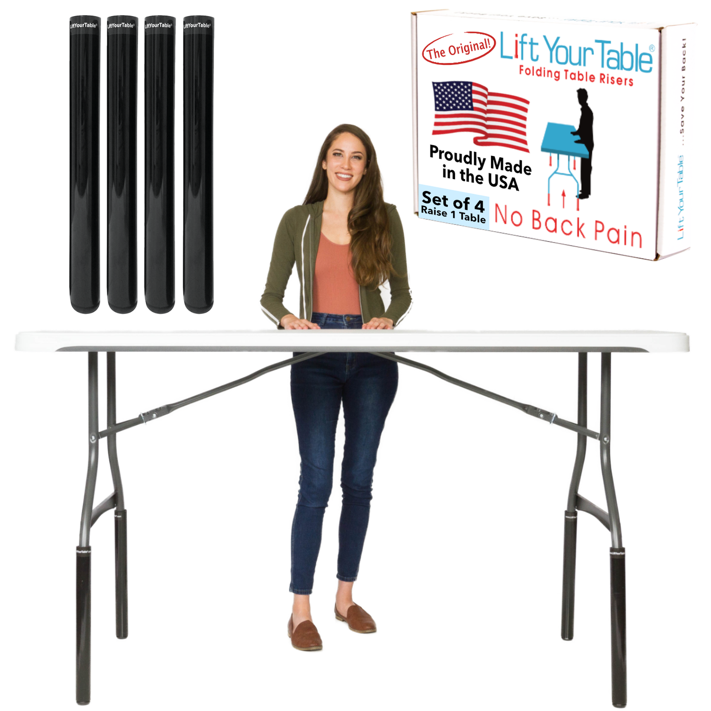 Bar Height (Non-Slip Foot) Lift Your Table® folding table risers and a box that says The Original Lift Your Table® folding table risers No Back Pain Customer Satisfaction 100 percent Guaranteed Proudly Made in the USA and a callout showcasing that it is only compatible with Bent Leg folding tables with a bend below the horizontal bar of the folding table.