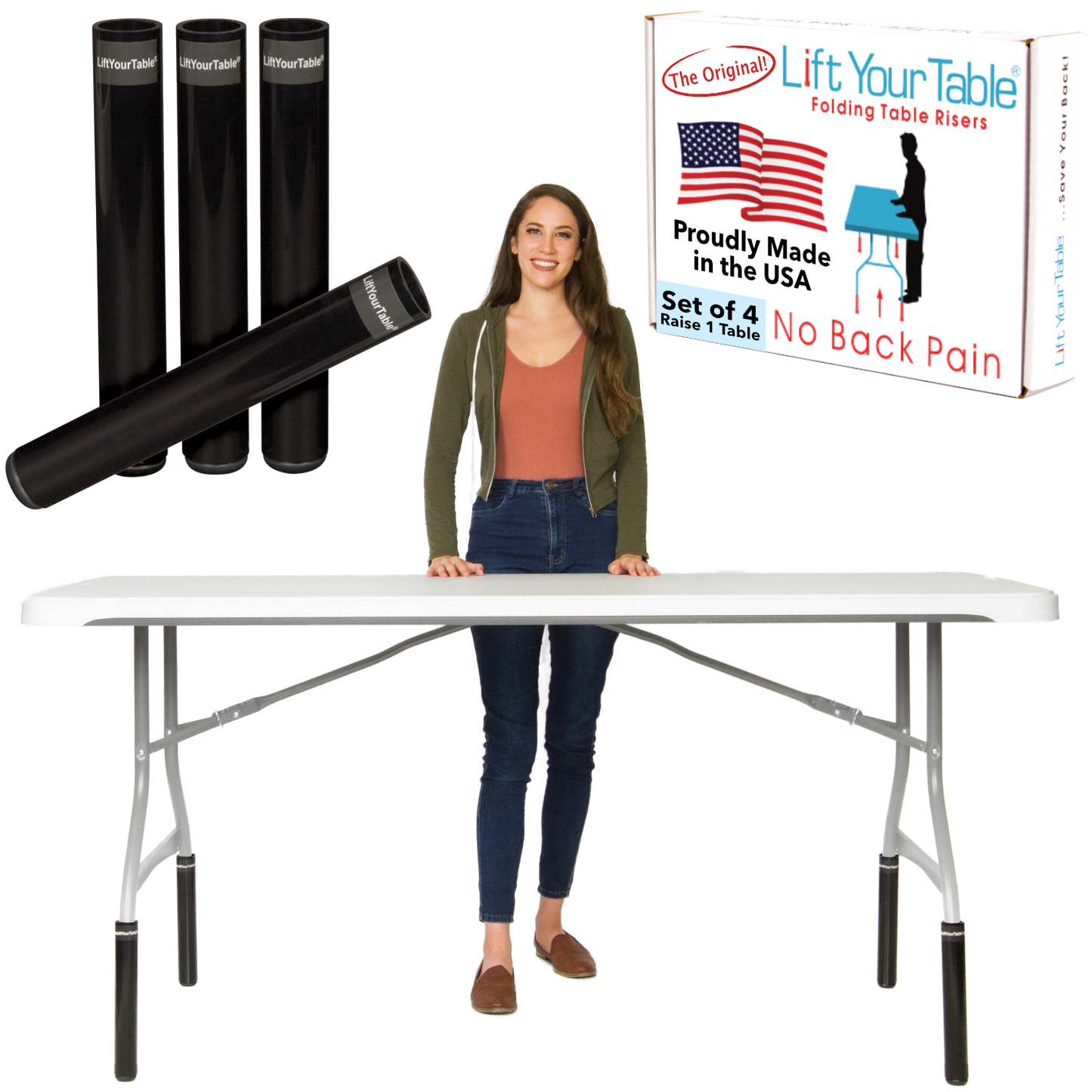 Counter Height (Non-Slip Foot) Lift Your Table® folding table risers and a box that says The Original Lift Your Table® folding table risers No Back Pain Customer Satisfaction 100 percent Guaranteed Proudly Made in the USA and a callout showcasing that it is only compatible with Bent Leg folding tables with a bend below the horizontal bar of the folding table.