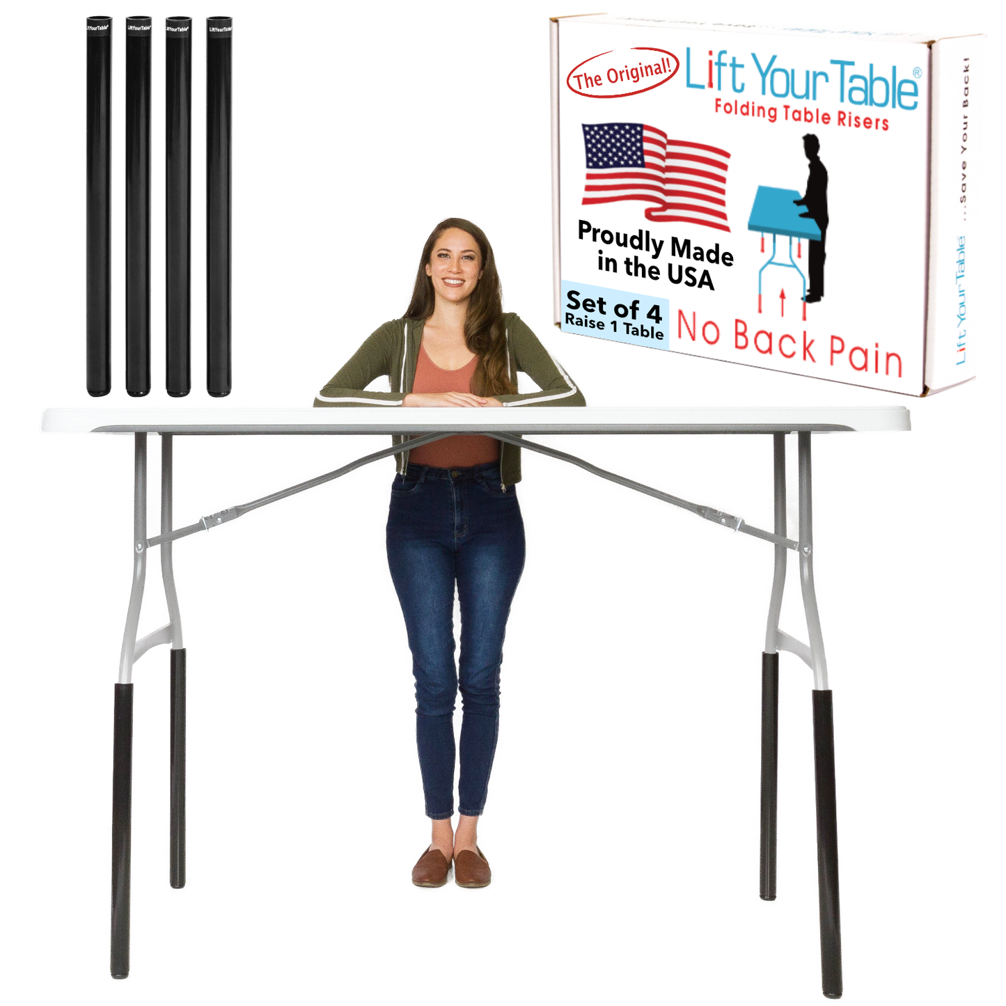 XL Height Lift Your Table® folding table risers and a box that says The Original Lift Your Table® folding table risers No Back Pain Customer Satisfaction 100 percent Guaranteed Proudly Made in the USA and a callout showcasing that it is only compatible with Bent Leg folding tables with a bend below the horizontal bar of the folding table.