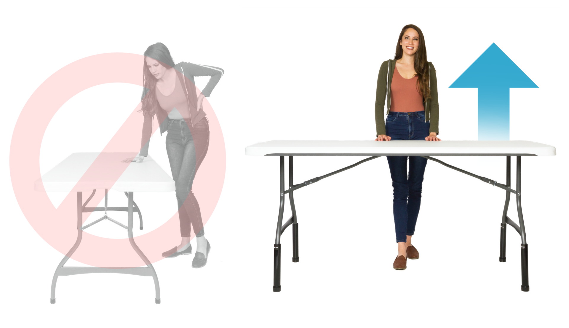 Lift Your Table® folding table risers - folding table before and after being raised.