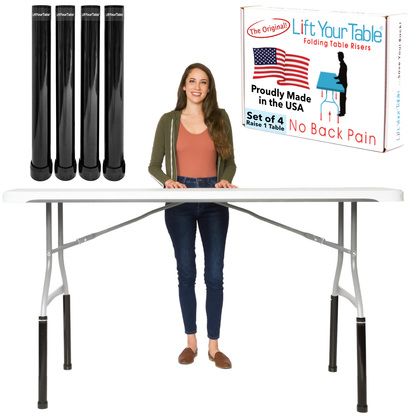 Bar Height (Original Foot) Lift Your Table® folding table risers and a box that says The Original Lift Your Table® folding table risers No Back Pain Customer Satisfaction 100 percent Guaranteed Proudly Made in the USA and a callout showcasing that it is only compatible with Bent Leg folding tables with a bend below the horizontal bar of the folding table.