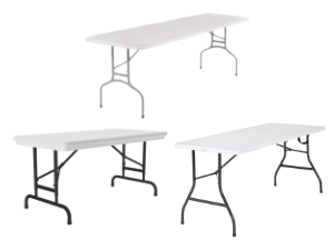 Three examples of Bent Leg folding tables, which usually can be identified by a bend below the horizontal bar of the folding table.