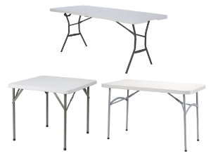 Three examples of Straight Leg folding tables, which usually can be identified by the fact that they either don't have a bend below the horizontal bar of the folding table, or they don't have a horizontal bar at all.