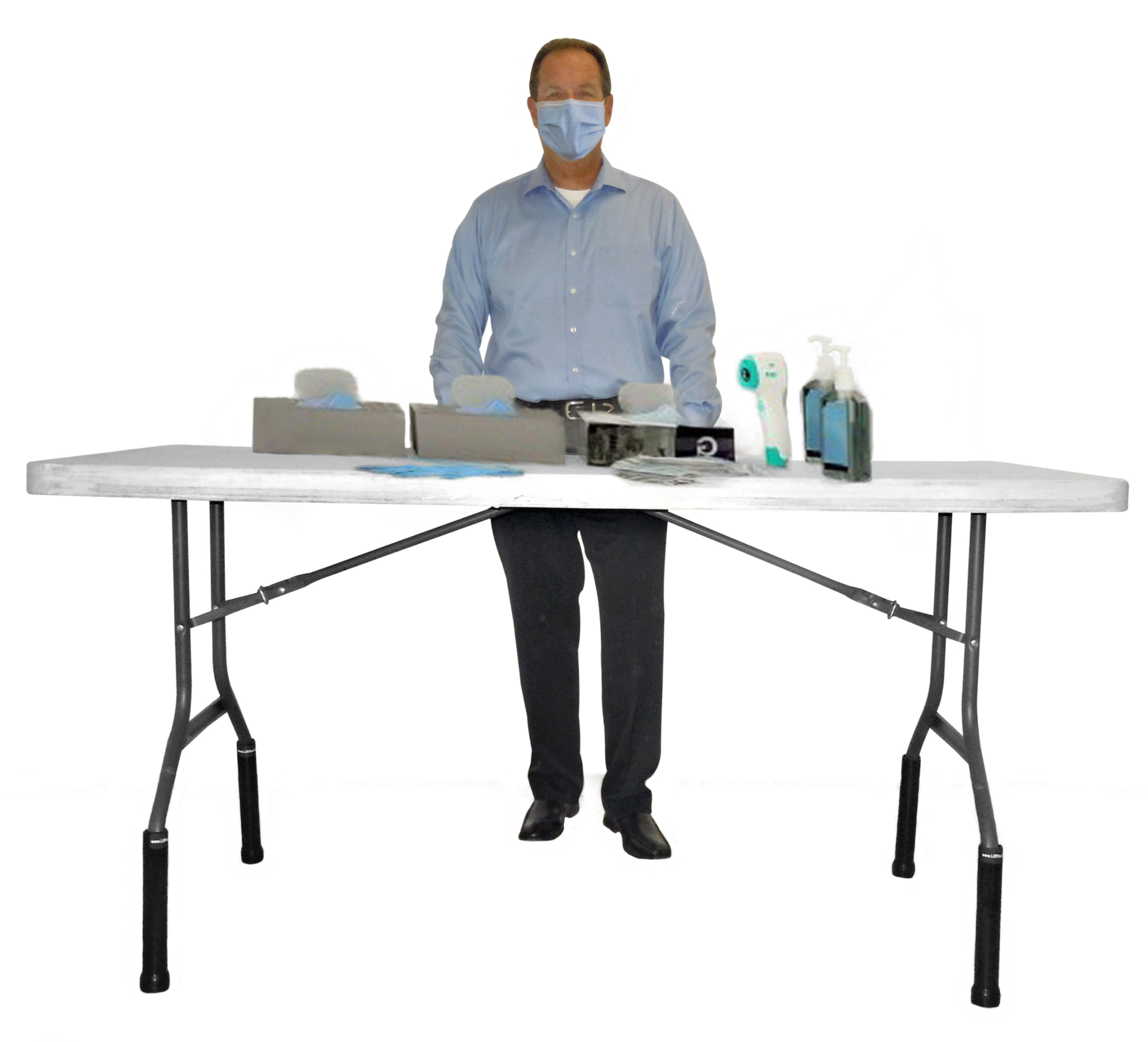 Lift Your Table® folding table risers used to create a raised sanitation station barrier.